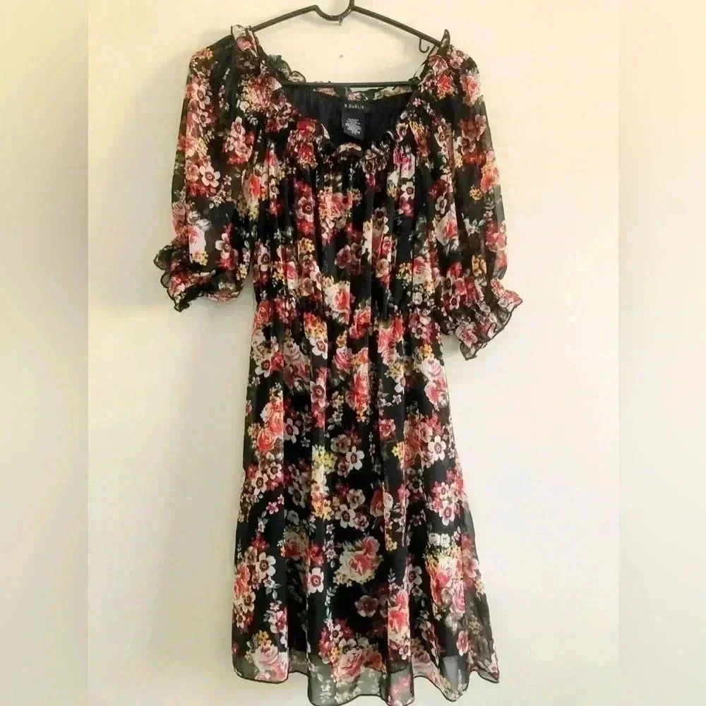 B DARLIN Off Shoulder,flare,mid ruffle sleeve,elastic waist,floral,lightweight